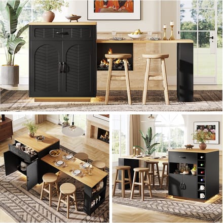 Keukeneiland - Keukenkast met Uitschuifbare Tafel, LED, 2 Laden en 4 Deuren - MDF - Zwart/Wit