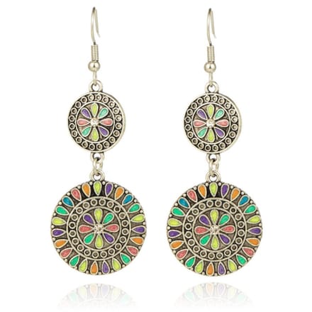 Dubbele ronde zilverkleurige dames oorbellen multicolor en strass