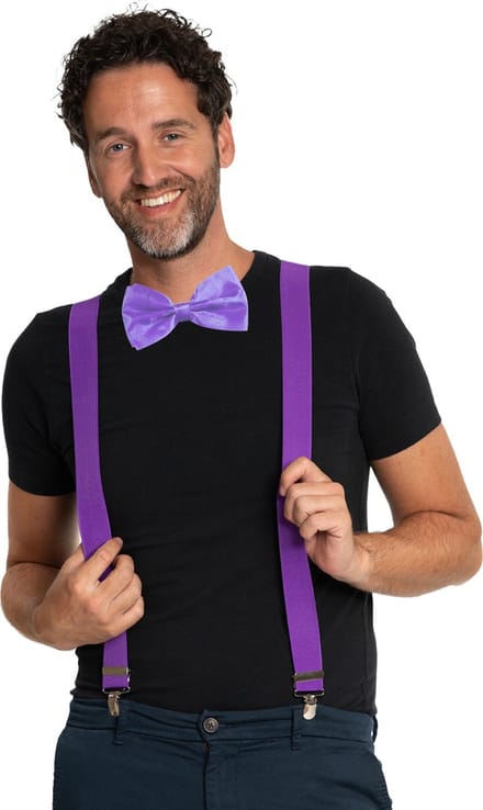 Carnaval verkleedset bretels en strik - paars - volwassenen/unisex - feestkleding accessoires