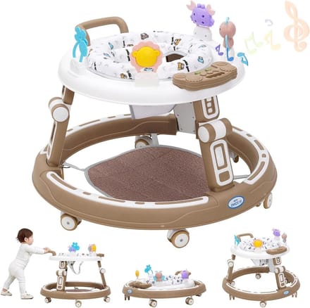 Walking Aid with Toy, Footrest, 6 Wheels, Cushion Rotatable, 360° Mute Switch, for Storing Foldable, Children from 6 Months, Brown