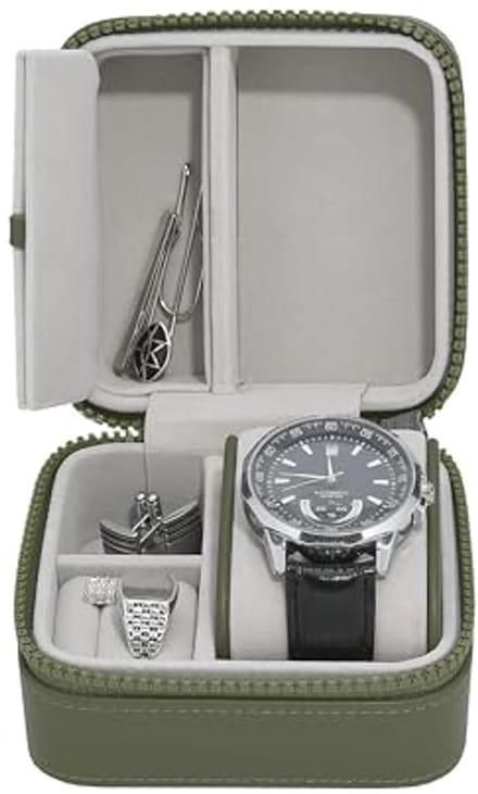 Groene Canvas Horloge- en Sieradenbox voor Compacte Opberging