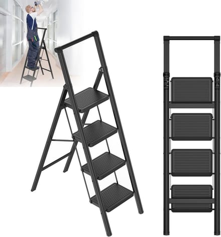 Inklapbare Trapladder - Vouwkruk Met Leuning - Veilig Klussen - Extra Breed Antislip Pedaal - 4 Treden - Zwart