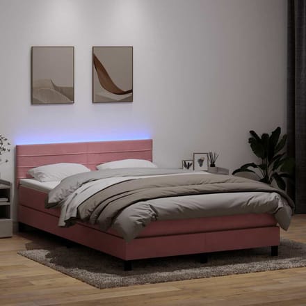 vidaXL - Boxspring - met - matras - en - LED - fluweel - roze - 140x210 - cm