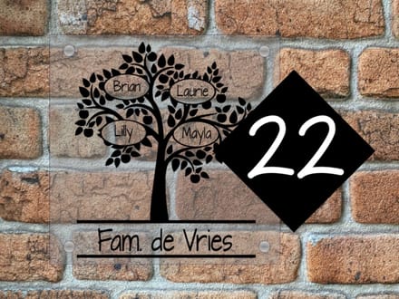 Naambordje voordeur| Huisnummerbord | Boom | 20x28cm | Helder | RVS afstandhouders