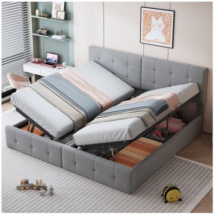 Gestoffeerd bed - MUVOE - 180x200 cm - Hydraulische opbergruimte - 2-in-1 - Grijs grijs