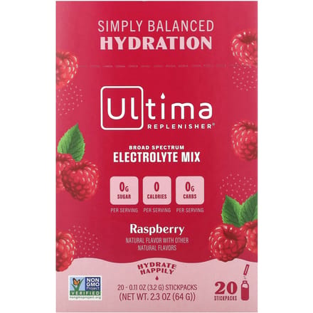 Ultima Replenisher, mélange d'électrolytes, framboise, 20 paquets, 0,11 oz (3,2 g) chaque