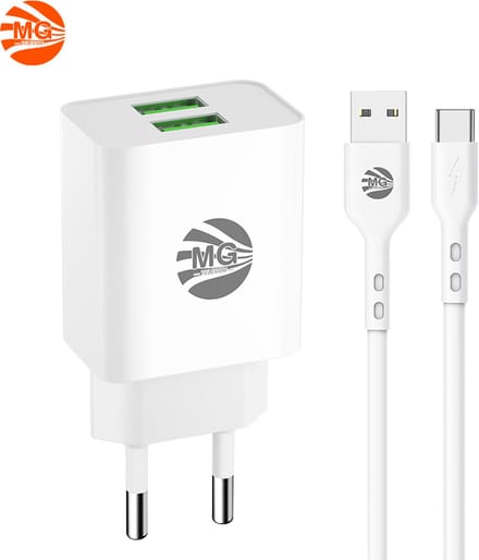 MG - USB Adapter Met Kabel - 2,4A - Snel lader Met Kabel - 2x USB Poort Met 1m Kabel - Usb To Type-C - Wit