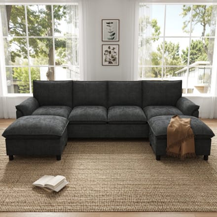 Modulares U Form Sofa - Cloud Ecksofa Mit 2 Hockern Und Stauraum - Tief Sitz Sofa Chenille Schwarz 4 Sitzer