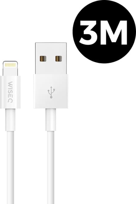 Lightning USB oplaadkabel 3 m - USB kabel met Apple Lightning aansluiting - geschikt voor iPhone 14 / 13 / 12 / 11 - wit - WiseQ