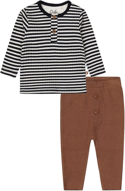 Dirkje - Basic Collection - BIO COTTON - Broekje Bruin wafeltjes met knopen - Shirt gestreept opasluiting - Maat 80