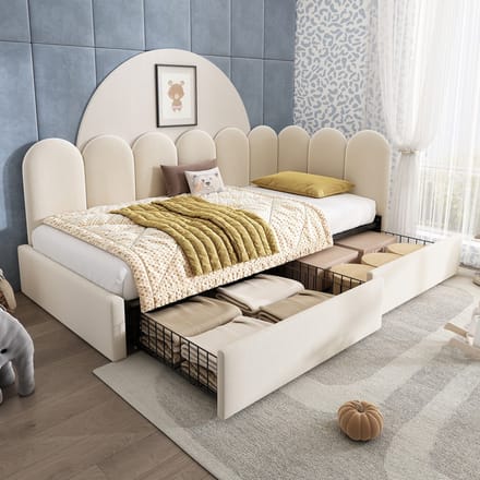 Sweiko Gestoffeerd bed - 90x200 cm - 2 lades - Fluweel - Slaapbank - Kinderbed - Beige