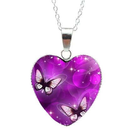 Hartvormige Ketting Vlinders - Paars - Verzilverd - 60 cm - EmmyRovi