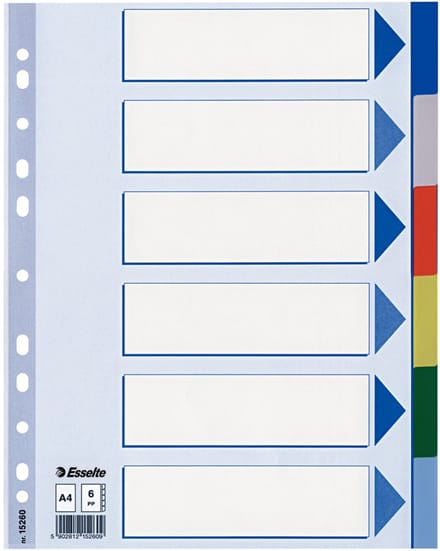 Esselte 6 gekleurde tabbladen, PP, A4 (ref15260) Omdoos van 20 sets