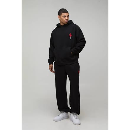 Oversized Geborduurde Kruis Hooded Trainingspak | Black | Size Medium