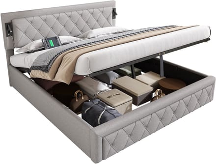 Wishdor - Opbergbed - Met USB En Verlichting - Hydraulisch - Modern - Linnen - Grijs