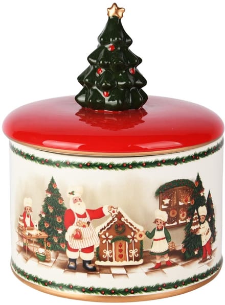 Dekoratief | Bewaarpot 'Santa's Bakery', rood/wit/groen, dolomiet, 16x16x19cm | A255827