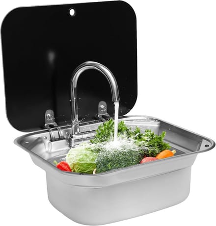RVS Spoelbak met Kraan en Glazen Deksel voor Caravan en Camper - Compact Wastafel Set