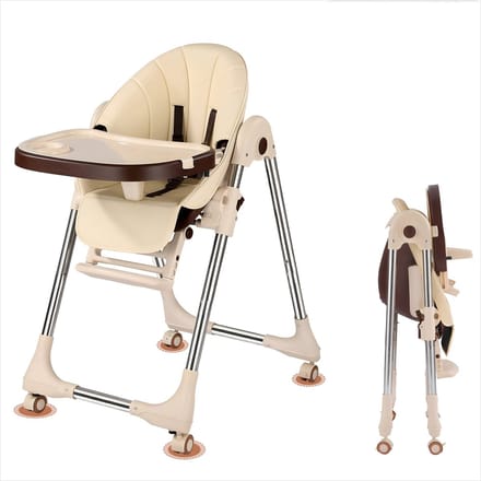 Kinderstoel voor baby/kind- Verstelbare zitkanteling & hoogte - Afneembaar eetblad - 4 Wielen - Beige