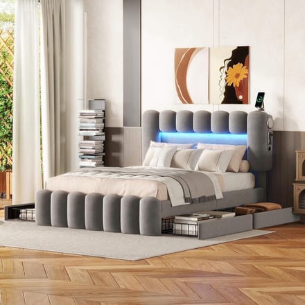 Gestoffeerd Tweepersoonsbed met Opbergruimte en Verstelbaar Hoofdeinde 140x200 cm Grijs Fluweel