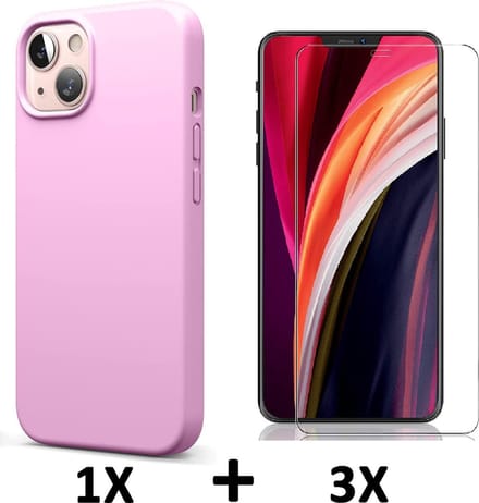 HB Hoesje Geschikt voor Apple iPhone 13 - Roze / 3X Glazen Screenprotector - Siliconen Back Cover