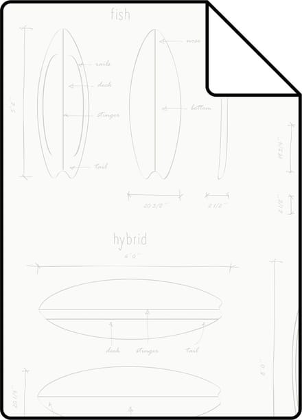 Proefstaal ESTAhome behang technische tekeningen van surfplanken wit en zilver - 26.5 x 21 cm - 128869-S