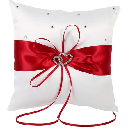 Huwelijksring Drager Houder Kussen Met Strik Satijn Dubbele Harten Diamanten (Blauw) Red white