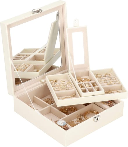 Springos Sieradendoos - Juwelendoos - 2 Lagen - 25 x 25 x 8.5 cm - Crème