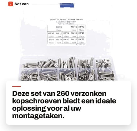 Dailygoods - Set van 260 Verzonken Kopschroeven in Roestvrij Staal