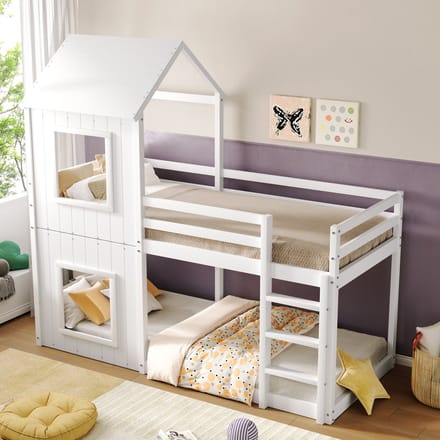 Huisbed - 90x200 cm - met Luifel & Ladder - Grondbed Design - Massief Hout - Wit