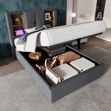 MODFU Bedframe 90x200 cm – Katoen met draadloos laden & 4 vakken – Hydraulisch – Grijs
