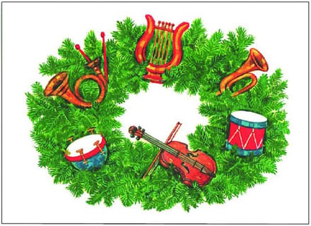 Kerstkaart Kerstkrans met muziekinstrumenten