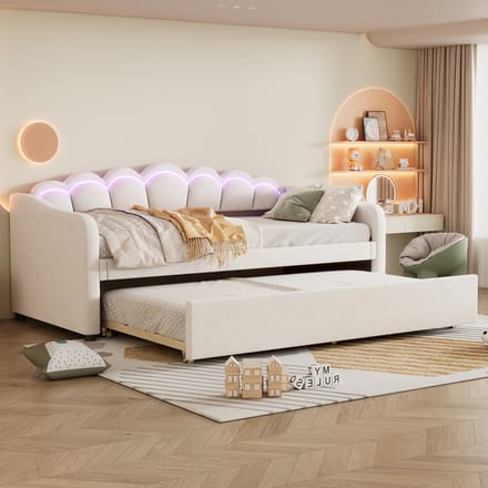 Bedbank - 90x200 cm - Uitschuifbaar met Licht - Afstandsbediening - Fluweel - Beige