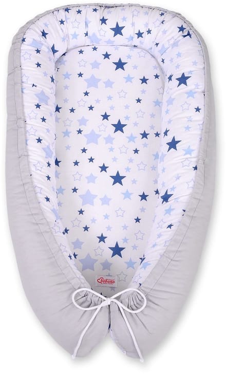 Babynest dubbelzijdig Premium Cocoon voor baby's BOBONO- blauwe sterren/grijs