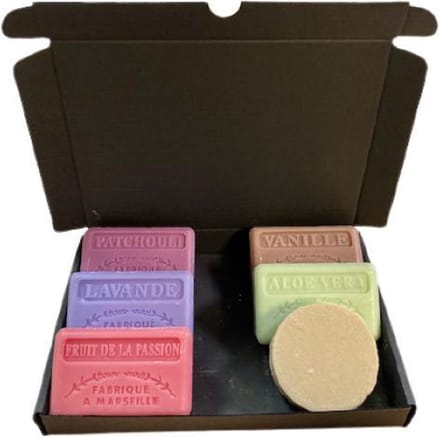 Zeepset savon de marseille + Shampoo bar, Lavendel, Patchouli, fruit de la passion, Aloë vera, Vanille