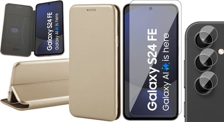 Hoesje geschikt voor Samsung Galaxy S24 FE - Screenprotector Glas & Camera - Wallet Book Case Goud