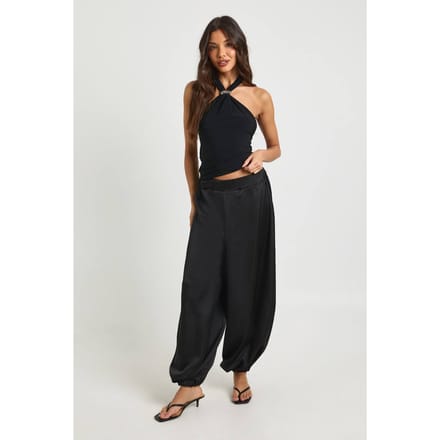 boohoo Dames Satijnen Broek met Elastische Taille en Wijde Pasvorm | Black | Maat: 10