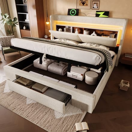 MODFU Bedframe 140x200 cm – Linnen met LED, hydraulisch & USB – Beige