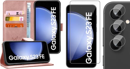 Hoesje geschikt voor Samsung Galaxy S23 FE - Screenprotector Glas & Camera - Portemonnee Book Case Rosegoud