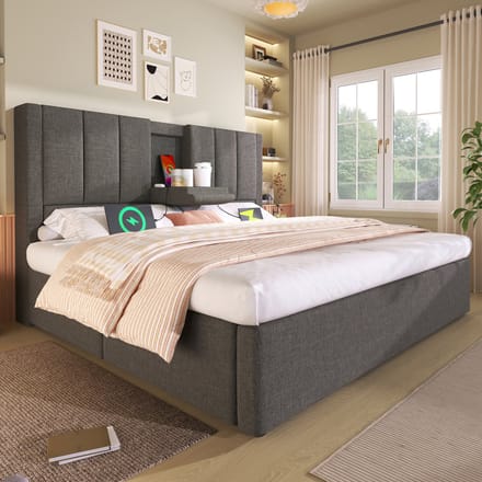 MODFU Bedframe 140x200 cm – Met opklapbare hoofdsteun, 3x USB, 1x Type-C en hydraulische opbergruimte – Grijs linnen