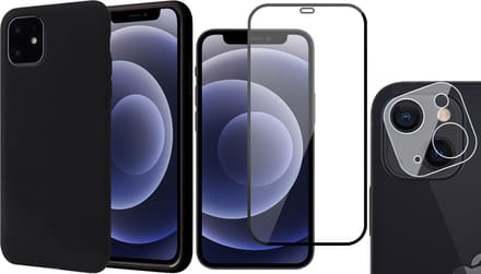 Hoesje geschikt voor iPhone 13 Mini - Fluweelzachte Backcover - Zwart - Met Full Screenprotector en Camera Screen Protector
