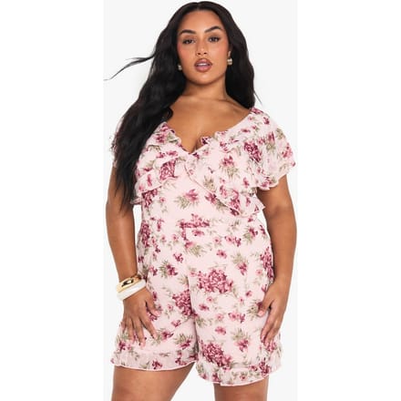boohoo Dames PLUS FLORALE CHIFFON PLAYSUIT | Pink | Maat: 28