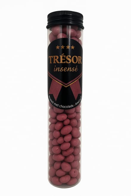 Trésor Insensé – Chocolade Omhulde Gedroogde Veenbes – Luxe Snack in Geschenktube (90g)