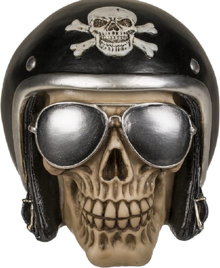 Spaarpot Motor bikers skull/schedel - 16 x 13 cm - met sleuteltje - Vaderdag cadeau - polyresin