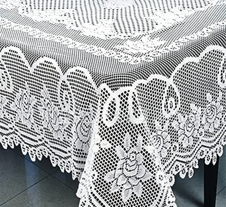 Wit tafelkleed van polyester met bloemenmotief en kant, 152 x 228 cm