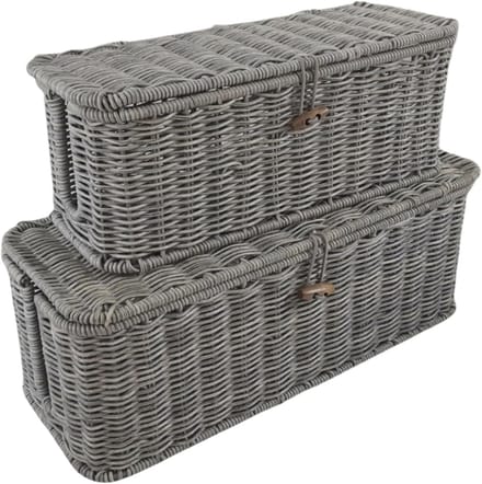 Kabelbox Opbergdoos - Kabel Organizer - Kabelbeheer Thuis - Handgeweven Rotan - Set van 2 - Grijs