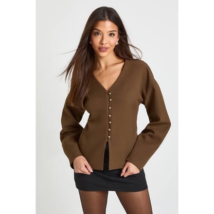 boohoo Dames Gouden Knoop Barrel Mouw blazer | Chocolate | Maat: 6