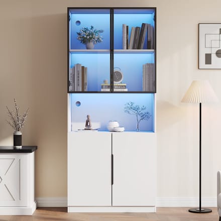 Vitrinekast - 80x30x200 cm - Glazen Deuren en LED - Instelbare Helderheid - MDF - Wit