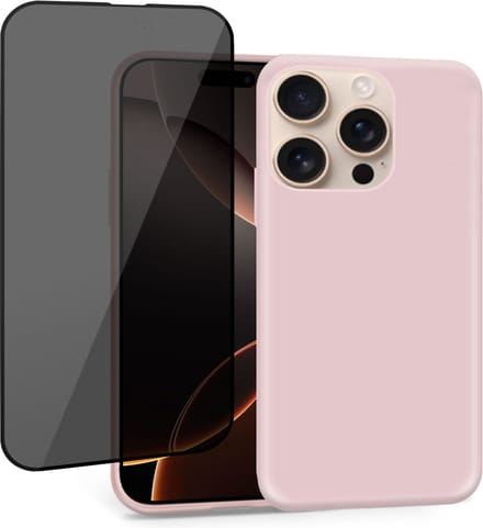 Geschikt voor Apple iPhone 16 Pro Max - Hoesje + Privacy Screenprotector – Privé Gehard Glas Cover - Suède Case Rose