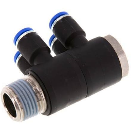8mm x R1/2'' 4-way Manifold Messing/PA 66 Insteekfitting Buitendraad Draaibaar NBR