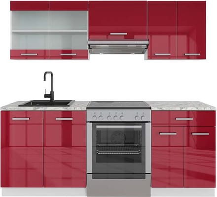 Vicco R-Line Complete keukeneenheid – 200 cm, WB Marmer Rood hoogglans/wit